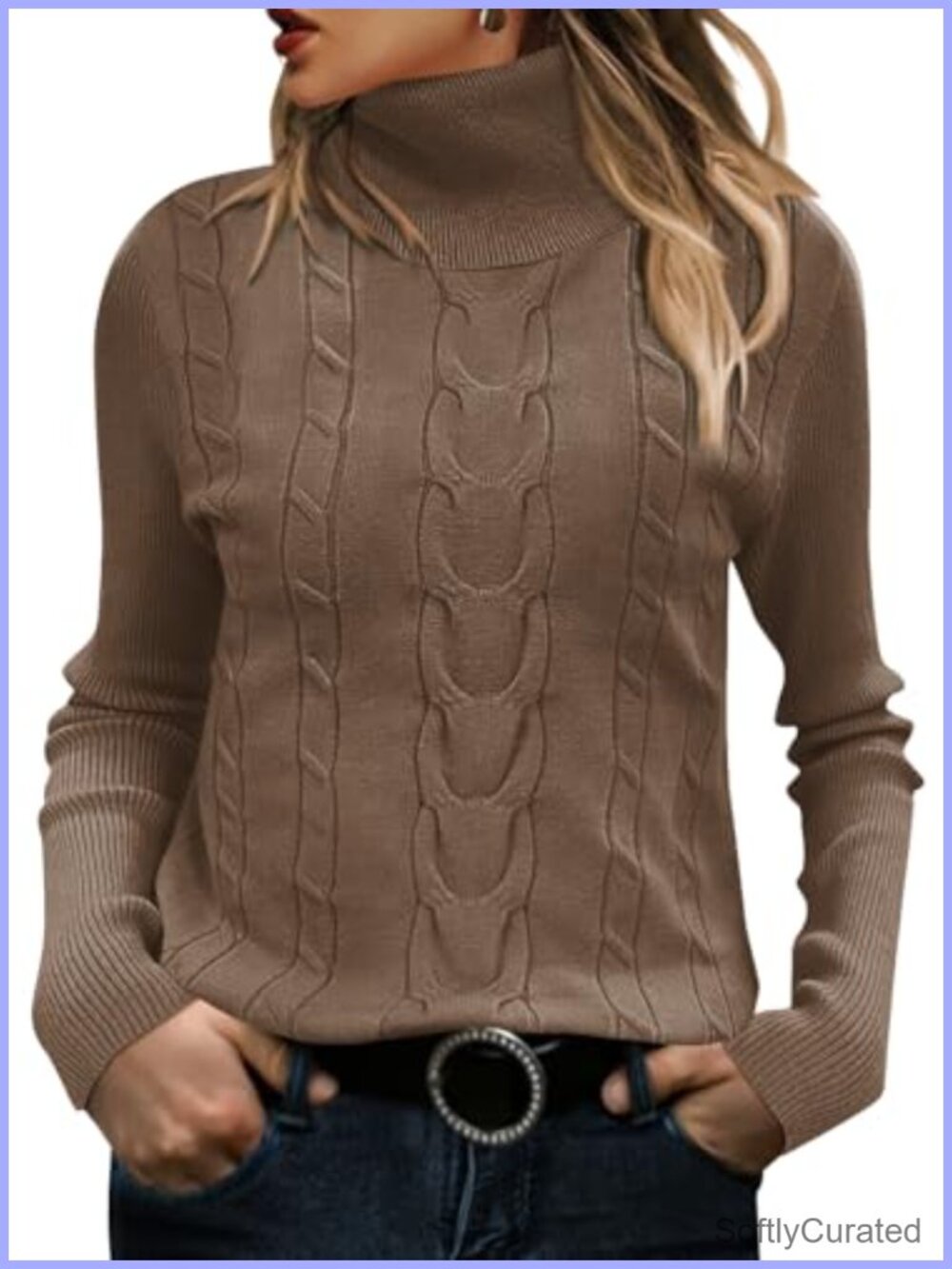 Turtleneck Long Sleeve Cable Knit Pullover Sweater Ribbed Slim Fit